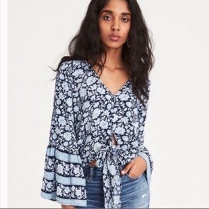 American Eagle Outfitters Blue Floral Bell Sleeve Top